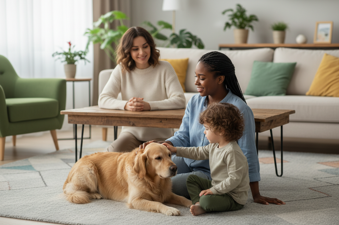 Bakıcı mülakatta aile köpeğiyle rahat ve doğal bir şekilde